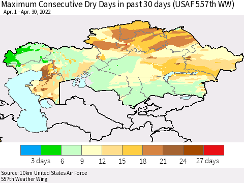 Kazakhstan Maximum Consecutive Dry Days in past 30 days (USAF 557th WW) 04/30/2022 Thematic Map For 4/26/2022 - 4/30/2022