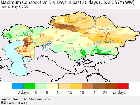 Kazakhstan Maximum Consecutive Dry Days in past 30 days (USAF 557th WW) 05/05/2022 Thematic Map For 5/1/2022 - 5/5/2022