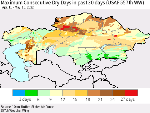 Kazakhstan Maximum Consecutive Dry Days in past 30 days (USAF 557th WW) 05/10/2022 Thematic Map For 5/6/2022 - 5/10/2022