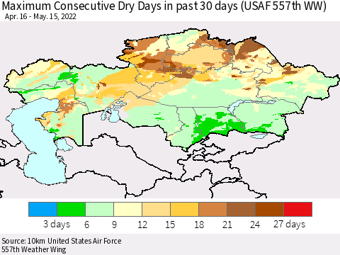 Kazakhstan Maximum Consecutive Dry Days in past 30 days (USAF 557th WW) 05/15/2022 Thematic Map For 5/11/2022 - 5/15/2022