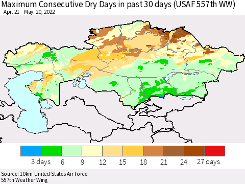 Kazakhstan Maximum Consecutive Dry Days in past 30 days (USAF 557th WW) 05/20/2022 Thematic Map For 5/16/2022 - 5/20/2022