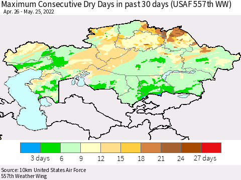 Kazakhstan Maximum Consecutive Dry Days in past 30 days (USAF 557th WW) 05/25/2022 Thematic Map For 5/21/2022 - 5/25/2022