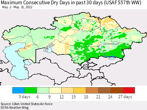 Kazakhstan Maximum Consecutive Dry Days in past 30 days (USAF 557th WW) 05/31/2022 Thematic Map For 5/26/2022 - 5/31/2022