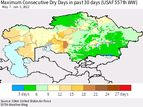 Kazakhstan Maximum Consecutive Dry Days in past 30 days (USAF 557th WW) 06/05/2022 Thematic Map For 6/1/2022 - 6/5/2022