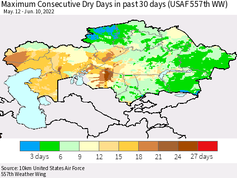 Kazakhstan Maximum Consecutive Dry Days in past 30 days (USAF 557th WW) 06/10/2022 Thematic Map For 6/6/2022 - 6/10/2022
