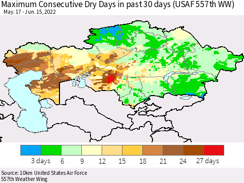 Kazakhstan Maximum Consecutive Dry Days in past 30 days (USAF 557th WW) 06/15/2022 Thematic Map For 6/11/2022 - 6/15/2022