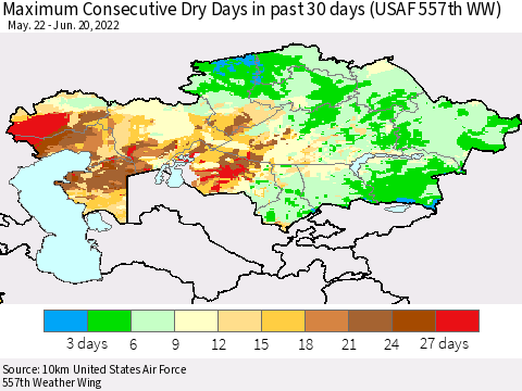 Kazakhstan Maximum Consecutive Dry Days in past 30 days (USAF 557th WW) 06/20/2022 Thematic Map For 6/16/2022 - 6/20/2022
