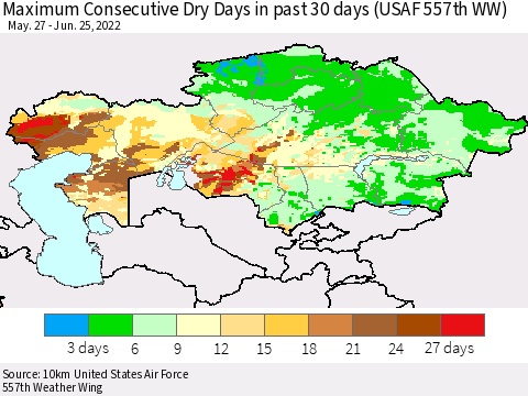 Kazakhstan Maximum Consecutive Dry Days in past 30 days (USAF 557th WW) 06/25/2022 Thematic Map For 6/21/2022 - 6/25/2022