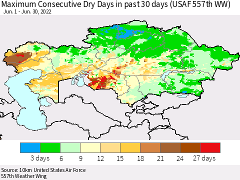 Kazakhstan Maximum Consecutive Dry Days in past 30 days (USAF 557th WW) 06/30/2022 Thematic Map For 6/26/2022 - 6/30/2022