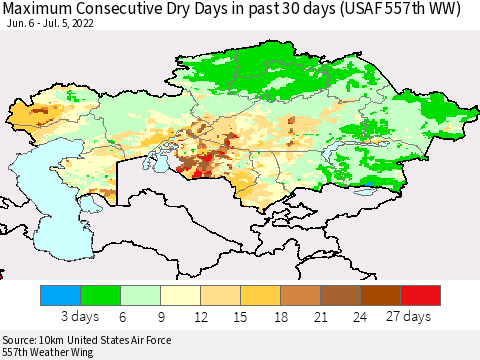 Kazakhstan Maximum Consecutive Dry Days in past 30 days (USAF 557th WW) 07/05/2022 Thematic Map For 7/1/2022 - 7/5/2022