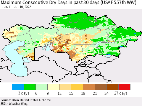 Kazakhstan Maximum Consecutive Dry Days in past 30 days (USAF 557th WW) 07/10/2022 Thematic Map For 7/6/2022 - 7/10/2022