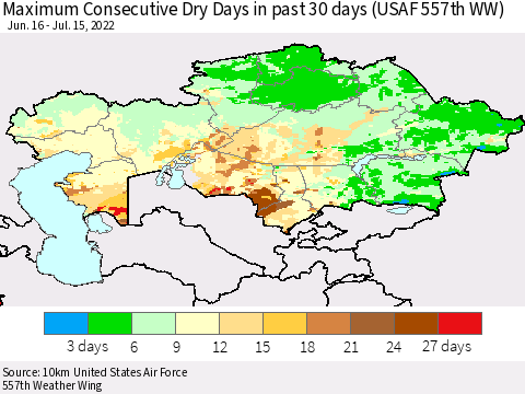 Kazakhstan Maximum Consecutive Dry Days in past 30 days (USAF 557th WW) 07/15/2022 Thematic Map For 7/11/2022 - 7/15/2022