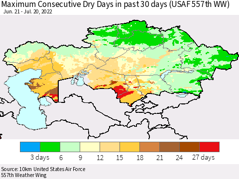 Kazakhstan Maximum Consecutive Dry Days in past 30 days (USAF 557th WW) 07/20/2022 Thematic Map For 7/16/2022 - 7/20/2022