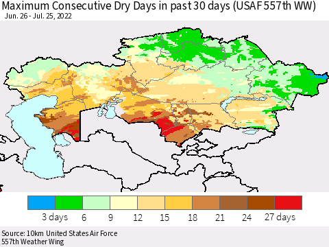 Kazakhstan Maximum Consecutive Dry Days in past 30 days (USAF 557th WW) 07/25/2022 Thematic Map For 7/21/2022 - 7/25/2022
