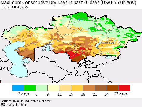 Kazakhstan Maximum Consecutive Dry Days in past 30 days (USAF 557th WW) 07/31/2022 Thematic Map For 7/26/2022 - 7/31/2022