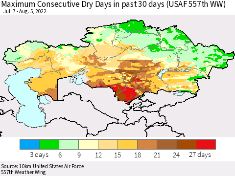 Kazakhstan Maximum Consecutive Dry Days in past 30 days (USAF 557th WW) 08/05/2022 Thematic Map For 8/1/2022 - 8/5/2022