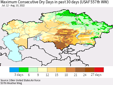 Kazakhstan Maximum Consecutive Dry Days in past 30 days (USAF 557th WW) 08/10/2022 Thematic Map For 8/6/2022 - 8/10/2022