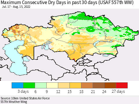 Kazakhstan Maximum Consecutive Dry Days in past 30 days (USAF 557th WW) 08/15/2022 Thematic Map For 8/11/2022 - 8/15/2022