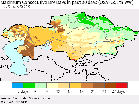 Kazakhstan Maximum Consecutive Dry Days in past 30 days (USAF 557th WW) 08/20/2022 Thematic Map For 8/16/2022 - 8/20/2022