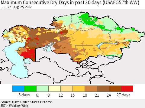 Kazakhstan Maximum Consecutive Dry Days in past 30 days (USAF 557th WW) 08/25/2022 Thematic Map For 8/21/2022 - 8/25/2022