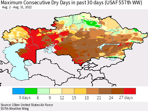 Kazakhstan Maximum Consecutive Dry Days in past 30 days (USAF 557th WW) 08/31/2022 Thematic Map For 8/26/2022 - 8/31/2022