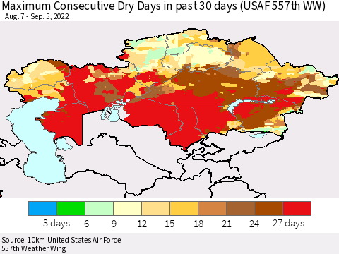 Kazakhstan Maximum Consecutive Dry Days in past 30 days (USAF 557th WW) 09/05/2022 Thematic Map For 9/1/2022 - 9/5/2022