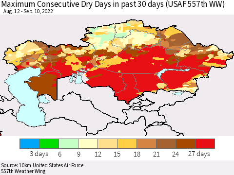 Kazakhstan Maximum Consecutive Dry Days in past 30 days (USAF 557th WW) 09/10/2022 Thematic Map For 9/6/2022 - 9/10/2022
