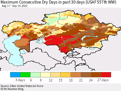 Kazakhstan Maximum Consecutive Dry Days in past 30 days (USAF 557th WW) 09/15/2022 Thematic Map For 9/11/2022 - 9/15/2022