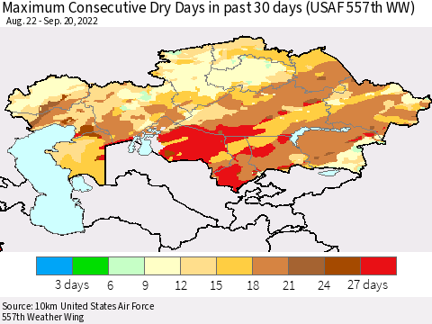 Kazakhstan Maximum Consecutive Dry Days in past 30 days (USAF 557th WW) 09/20/2022 Thematic Map For 9/16/2022 - 9/20/2022