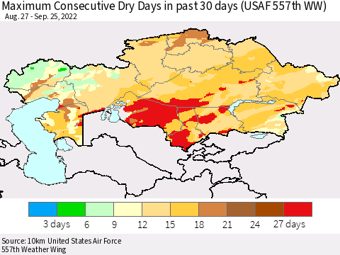Kazakhstan Maximum Consecutive Dry Days in past 30 days (USAF 557th WW) 09/25/2022 Thematic Map For 9/21/2022 - 9/25/2022