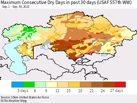 Kazakhstan Maximum Consecutive Dry Days in past 30 days (USAF 557th WW) 09/30/2022 Thematic Map For 9/26/2022 - 9/30/2022