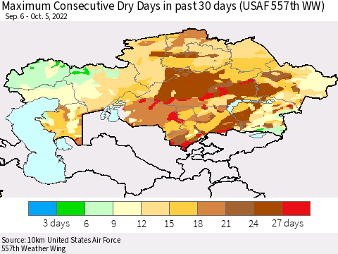 Kazakhstan Maximum Consecutive Dry Days in past 30 days (USAF 557th WW) 10/05/2022 Thematic Map For 10/1/2022 - 10/5/2022