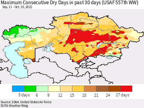 Kazakhstan Maximum Consecutive Dry Days in past 30 days (USAF 557th WW) 10/10/2022 Thematic Map For 10/6/2022 - 10/10/2022