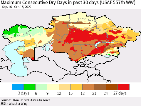Kazakhstan Maximum Consecutive Dry Days in past 30 days (USAF 557th WW) 10/15/2022 Thematic Map For 10/11/2022 - 10/15/2022