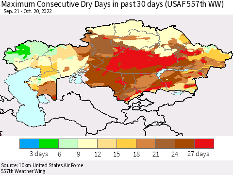 Kazakhstan Maximum Consecutive Dry Days in past 30 days (USAF 557th WW) 10/20/2022 Thematic Map For 10/16/2022 - 10/20/2022