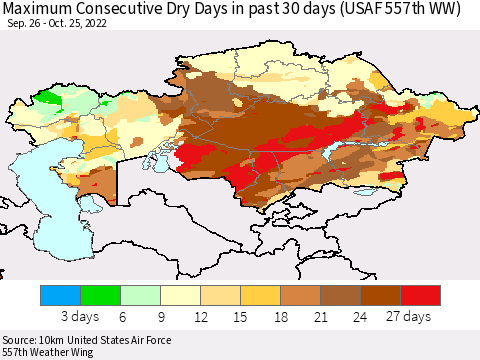 Kazakhstan Maximum Consecutive Dry Days in past 30 days (USAF 557th WW) 10/25/2022 Thematic Map For 10/21/2022 - 10/25/2022