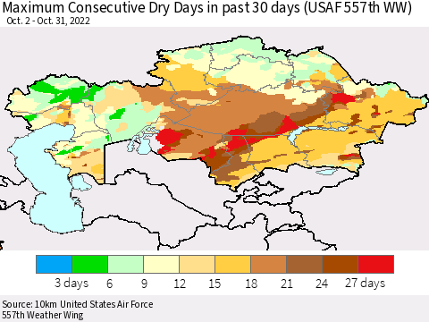 Kazakhstan Maximum Consecutive Dry Days in past 30 days (USAF 557th WW) 10/31/2022 Thematic Map For 10/26/2022 - 10/31/2022