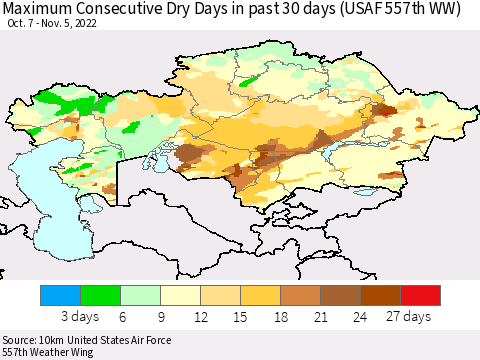 Kazakhstan Maximum Consecutive Dry Days in past 30 days (USAF 557th WW) 11/05/2022 Thematic Map For 11/1/2022 - 11/5/2022