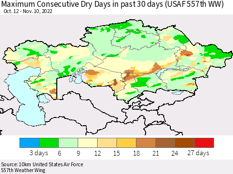 Kazakhstan Maximum Consecutive Dry Days in past 30 days (USAF 557th WW) 11/10/2022 Thematic Map For 11/6/2022 - 11/10/2022
