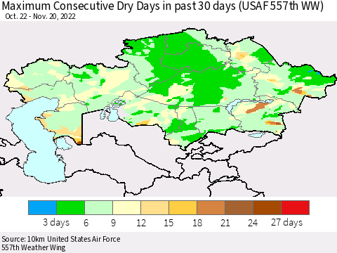 Kazakhstan Maximum Consecutive Dry Days in past 30 days (USAF 557th WW) 11/20/2022 Thematic Map For 11/16/2022 - 11/20/2022