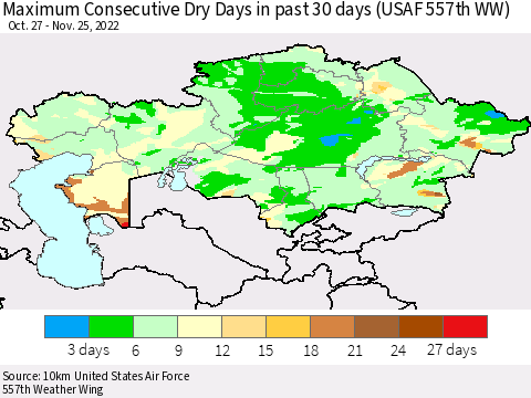 Kazakhstan Maximum Consecutive Dry Days in past 30 days (USAF 557th WW) 11/25/2022 Thematic Map For 11/21/2022 - 11/25/2022