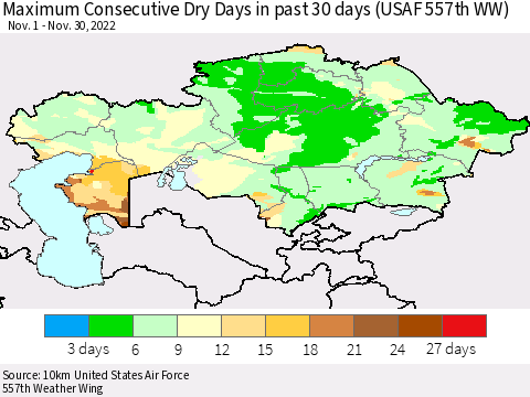 Kazakhstan Maximum Consecutive Dry Days in past 30 days (USAF 557th WW) 11/30/2022 Thematic Map For 11/26/2022 - 11/30/2022