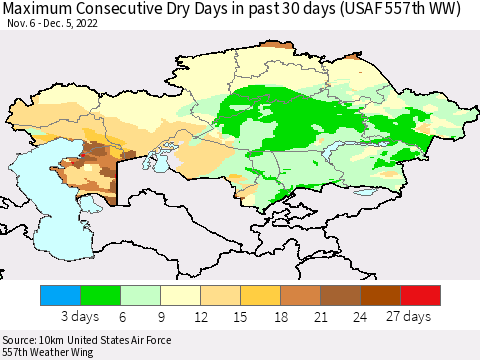 Kazakhstan Maximum Consecutive Dry Days in past 30 days (USAF 557th WW) 12/05/2022 Thematic Map For 12/1/2022 - 12/5/2022