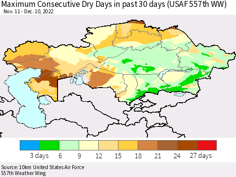 Kazakhstan Maximum Consecutive Dry Days in past 30 days (USAF 557th WW) 12/10/2022 Thematic Map For 12/6/2022 - 12/10/2022