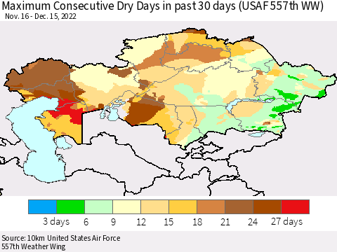 Kazakhstan Maximum Consecutive Dry Days in past 30 days (USAF 557th WW) 12/15/2022 Thematic Map For 12/11/2022 - 12/15/2022