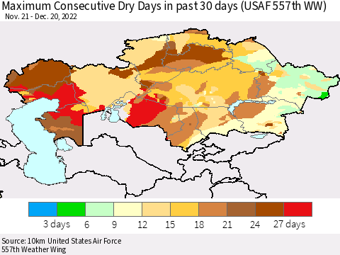 Kazakhstan Maximum Consecutive Dry Days in past 30 days (USAF 557th WW) 12/20/2022 Thematic Map For 12/16/2022 - 12/20/2022