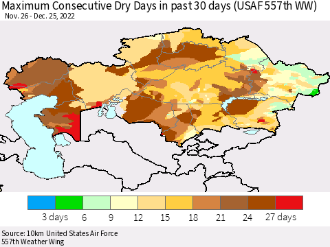 Kazakhstan Maximum Consecutive Dry Days in past 30 days (USAF 557th WW) 12/25/2022 Thematic Map For 12/21/2022 - 12/25/2022