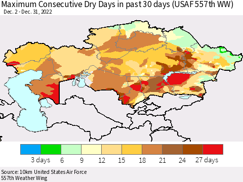 Kazakhstan Maximum Consecutive Dry Days in past 30 days (USAF 557th WW) 12/31/2022 Thematic Map For 12/26/2022 - 12/31/2022