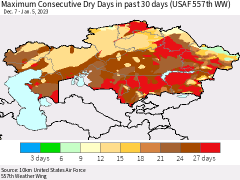 Kazakhstan Maximum Consecutive Dry Days in past 30 days (USAF 557th WW) 01/05/2023 Thematic Map For 1/1/2023 - 1/5/2023