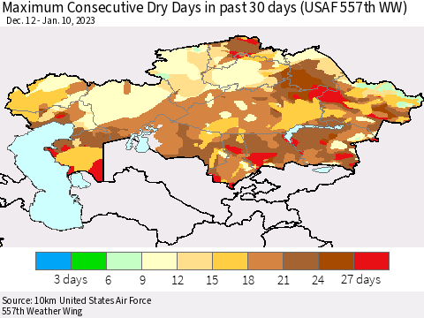Kazakhstan Maximum Consecutive Dry Days in past 30 days (USAF 557th WW) 01/10/2023 Thematic Map For 1/6/2023 - 1/10/2023